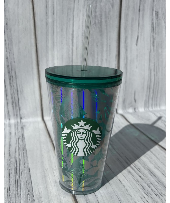 Vaso Starbucks Verde Floreado Agua Fría